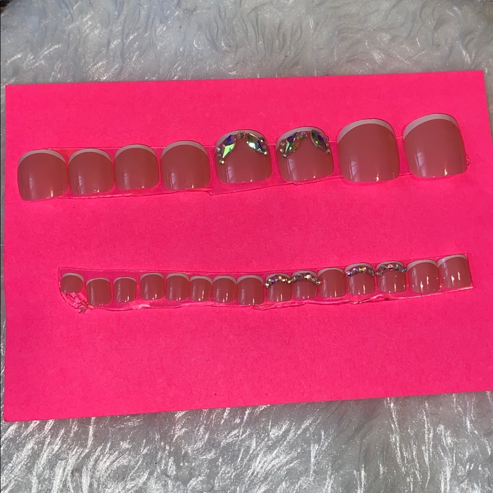 Pink Press-On Toe Nails with Rhinestone Accents